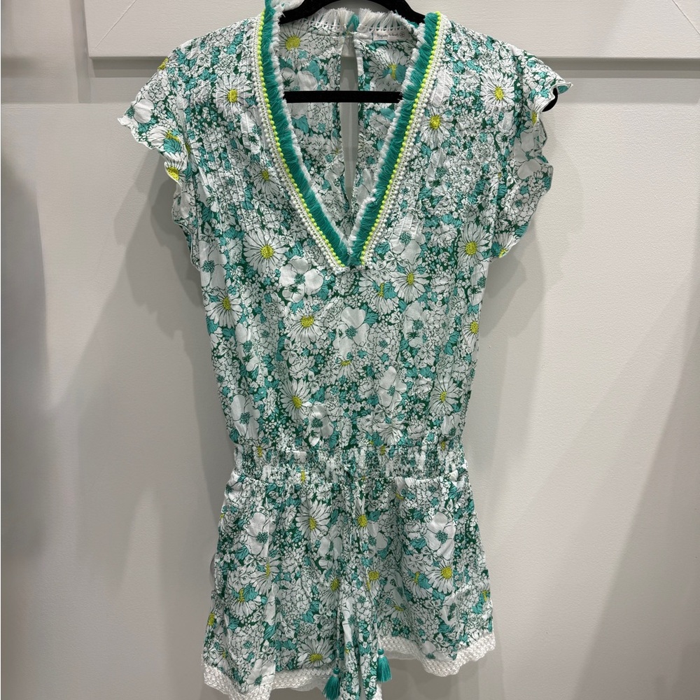 Poupette St. Barth Teal and White Floral V-Neck Tunic